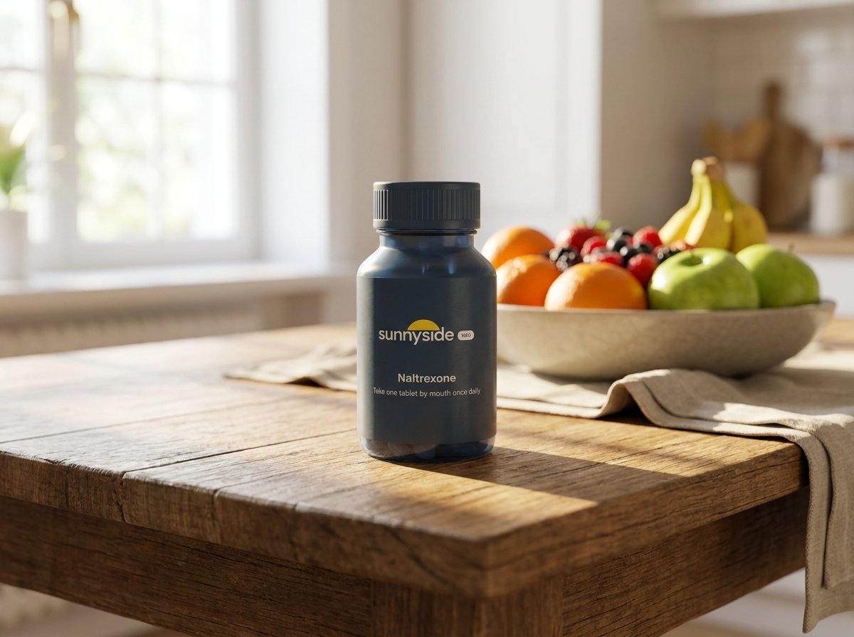 A bottle of Sunnyside Med compounded naltrexone on a kitchen table