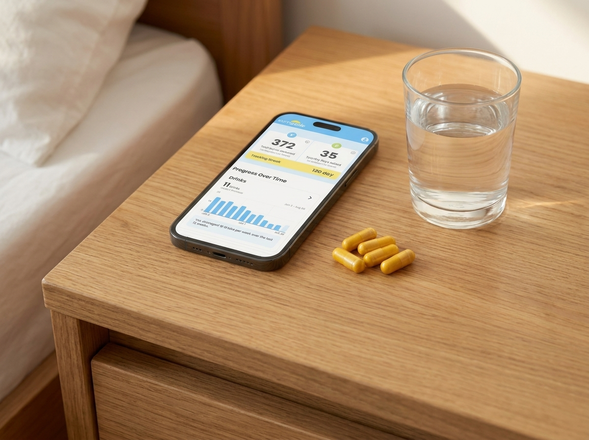 The Sunnyside app tracking progress next to naltrexone capsules on a nightstand