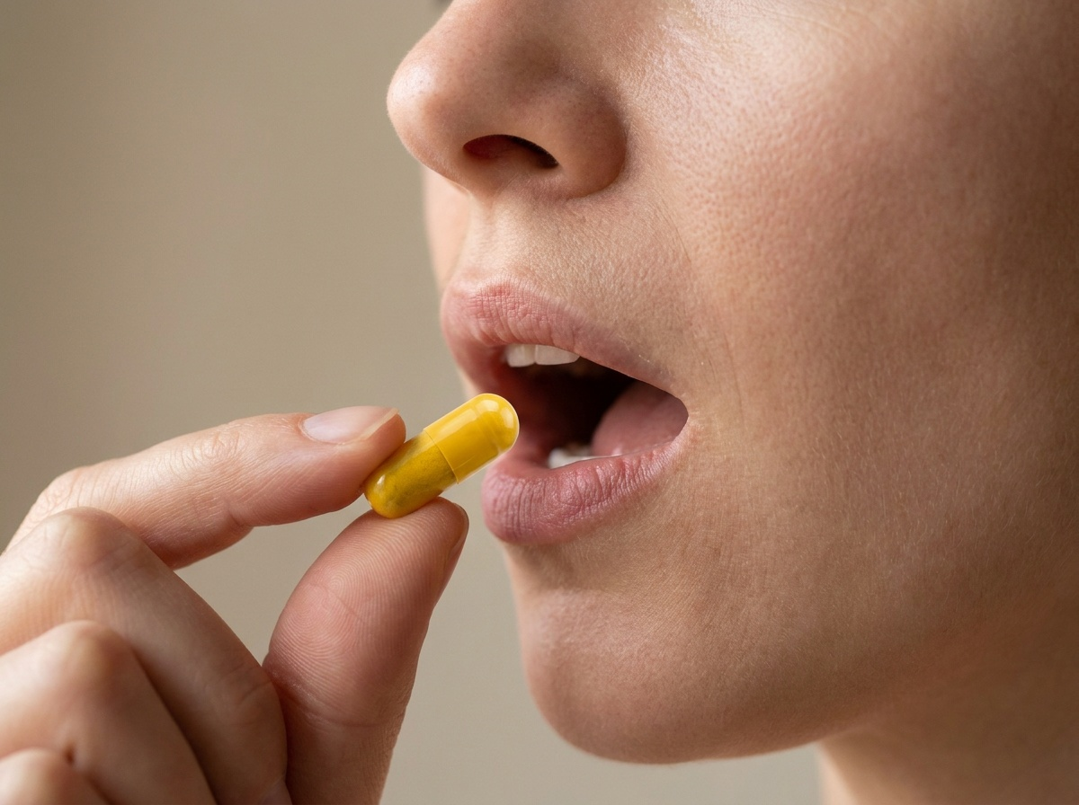 A person taking a yellow naltrexone capsule