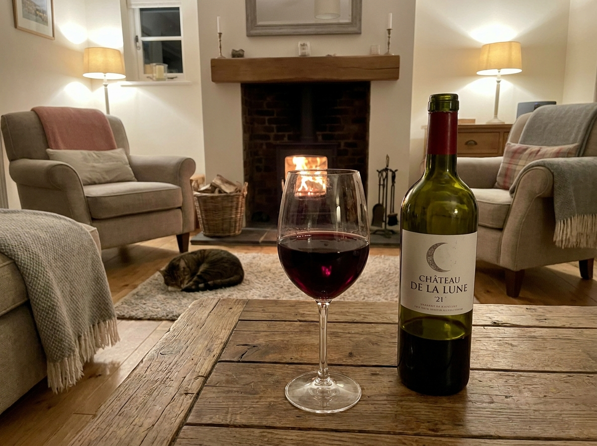 A glass of red wine and a bottle on a coffee table by a lit fireplace in a quiet living room